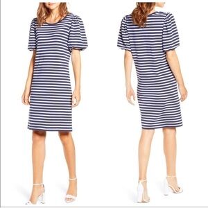 Rachel Parcell Stripe Bubble Sleeve T-Shirt Dress Size L Large Blue White.